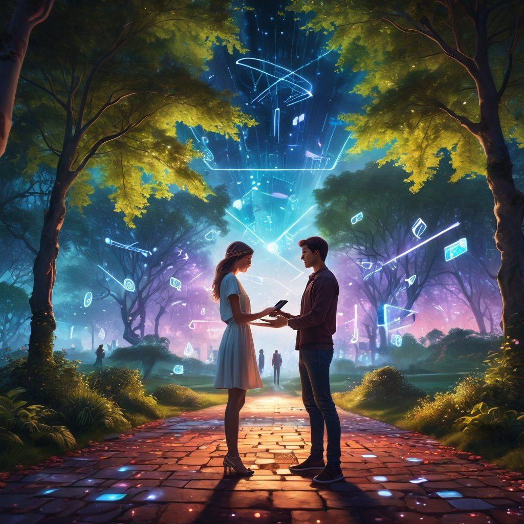A romantic scene featuring a couple passionately exchanging digital devices in a park, surrounded by floating wireless symbols and vibrant digital connections. The background showcases futuristic technology elements like holographic displays and drones, symbolizing innovation. Soft lighting enhances the ambiance, emphasizing the theme of love intertwined with technology. super-realistic. vibrant colors. digital art.