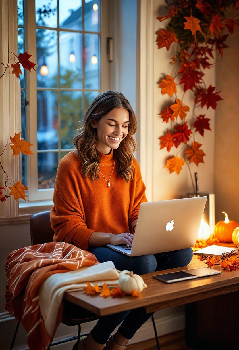 A modern person joyfully using a sleek laptop in a cozy room filled with autumn leaves and warm colors. The scene includes wireless devices seamlessly connecting, represented by glowing lines or waves symbolizing technology. Display hints of nature like pumpkins and cozy blankets to evoke the fall ambiance. Illustrate the concept of wireless downloads with digital symbols floating around. vibrant colors. super-realistic.