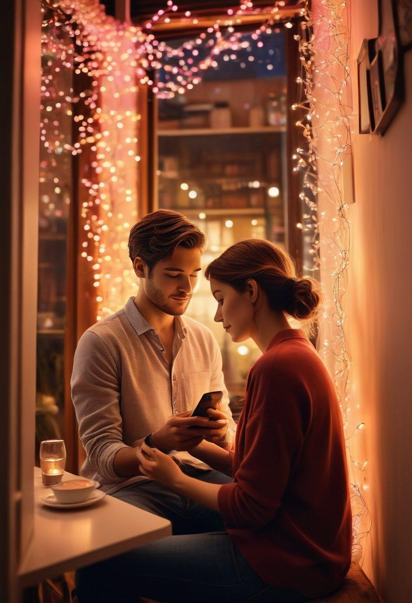 A romantic evening scene featuring a couple nestled together, both interacting with their smartphones, a glowing app installation graphic projected in the air, surrounded by soft, twinkling fairy lights, symbolizing digital connection and ease. Emphasis on warm colors and a cozy atmosphere to evoke intimacy and innovation. super-realistic. vibrant colors. soft focus.